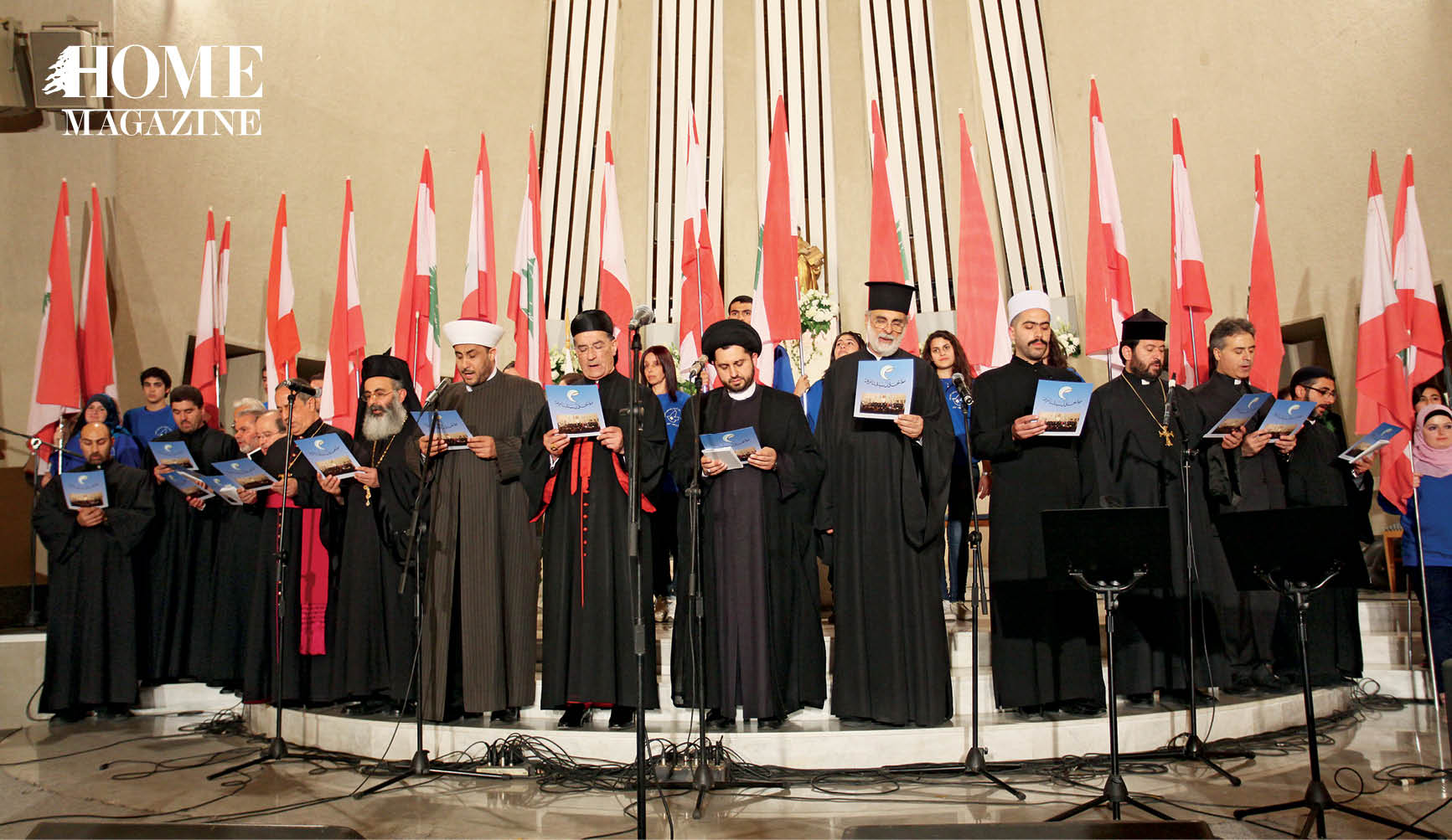 Choir of priests and cheikhs with Lebanese red and white flag in back
