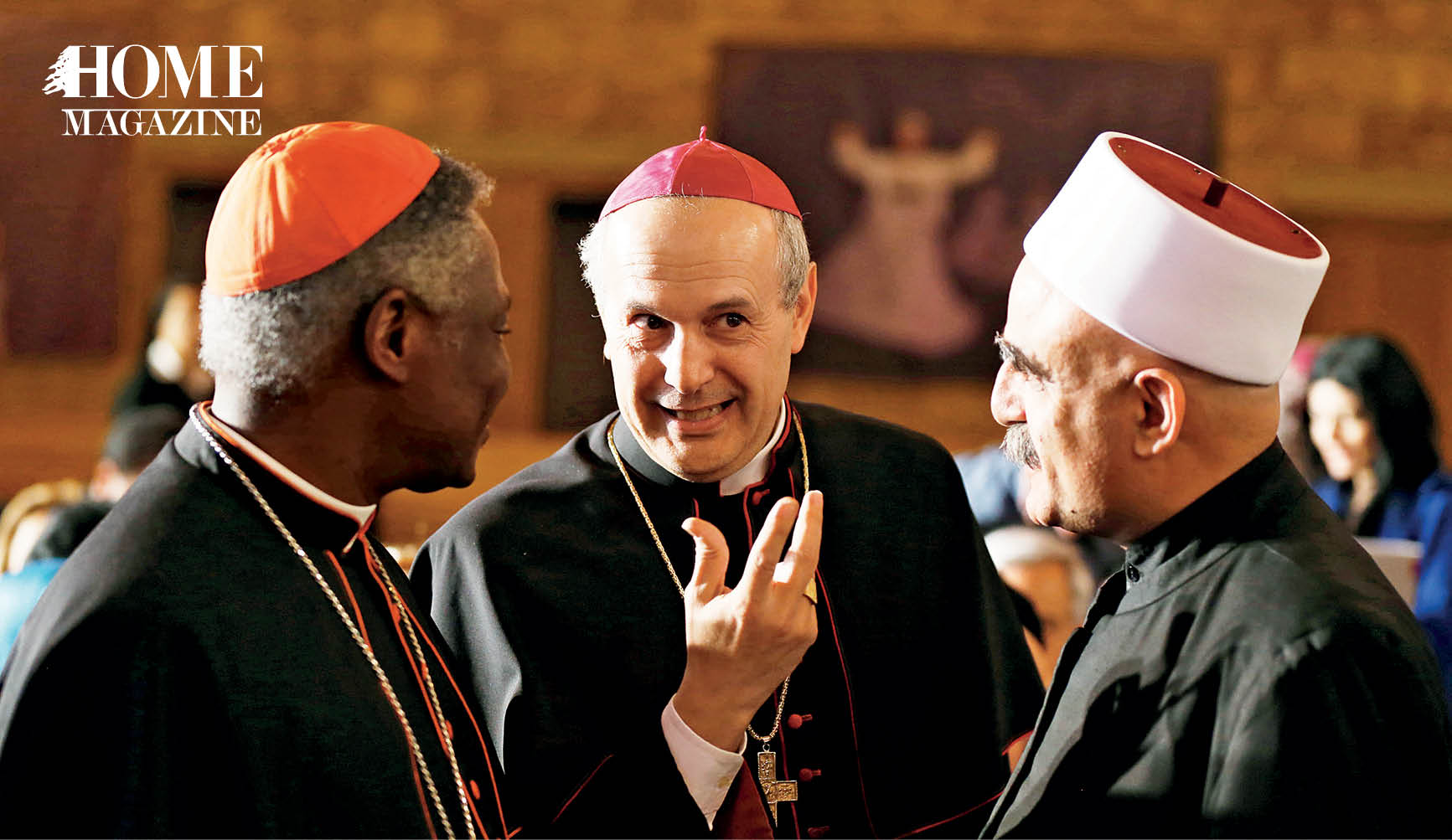 Two priests and one cheikhs wearing black robes and hats