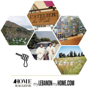 5 boces having atelier du miel, jars full of honey with 2 guys in front of a car and a garden