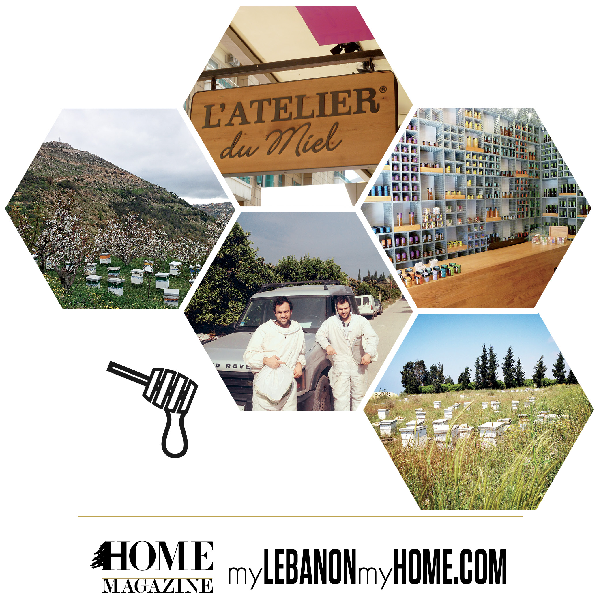 5 boces having atelier du miel, jars full of honey with 2 guys in front of a car and a garden