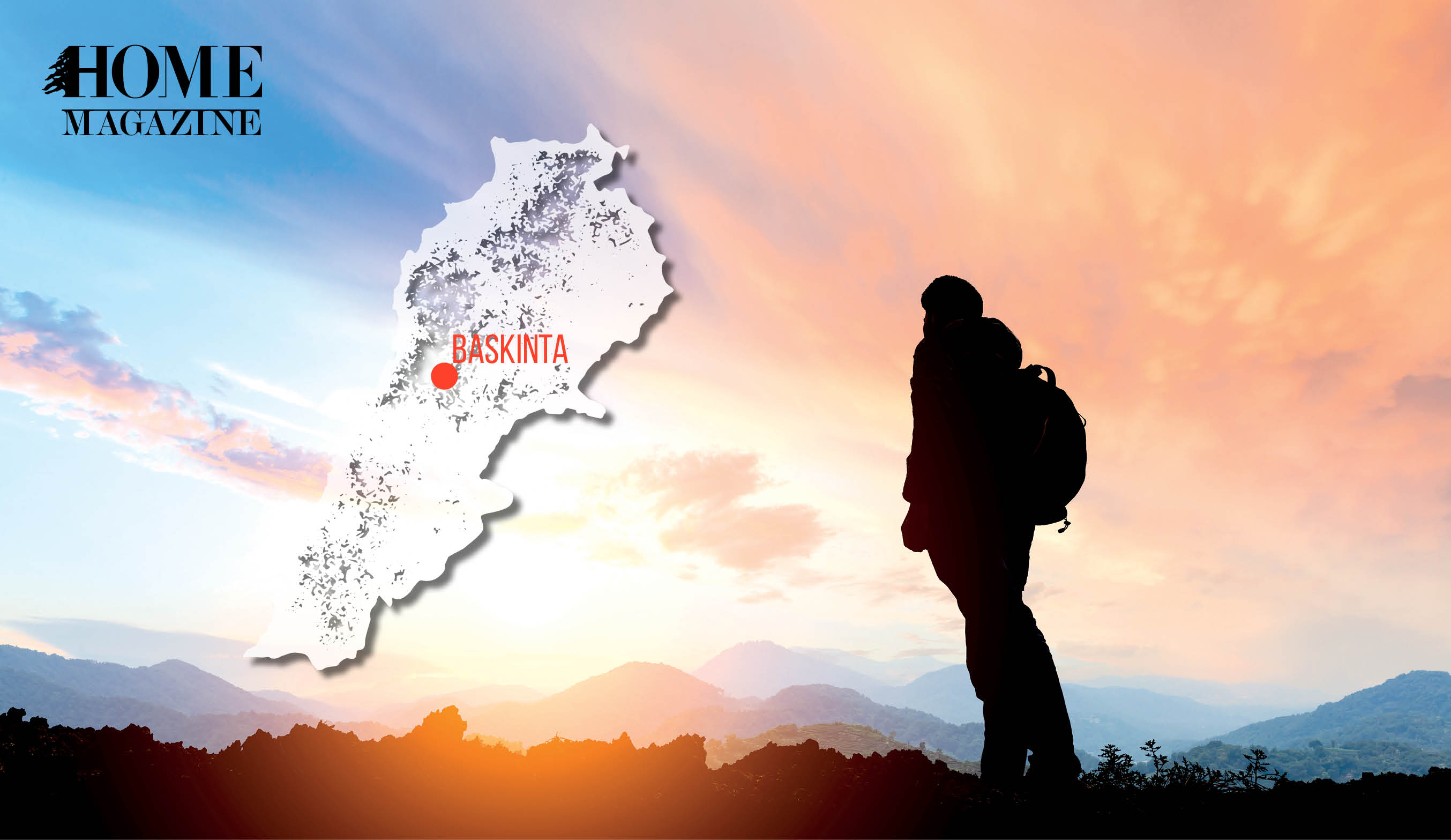 Hiker with sunset landscape and Lebanon's map with Baskinta's title