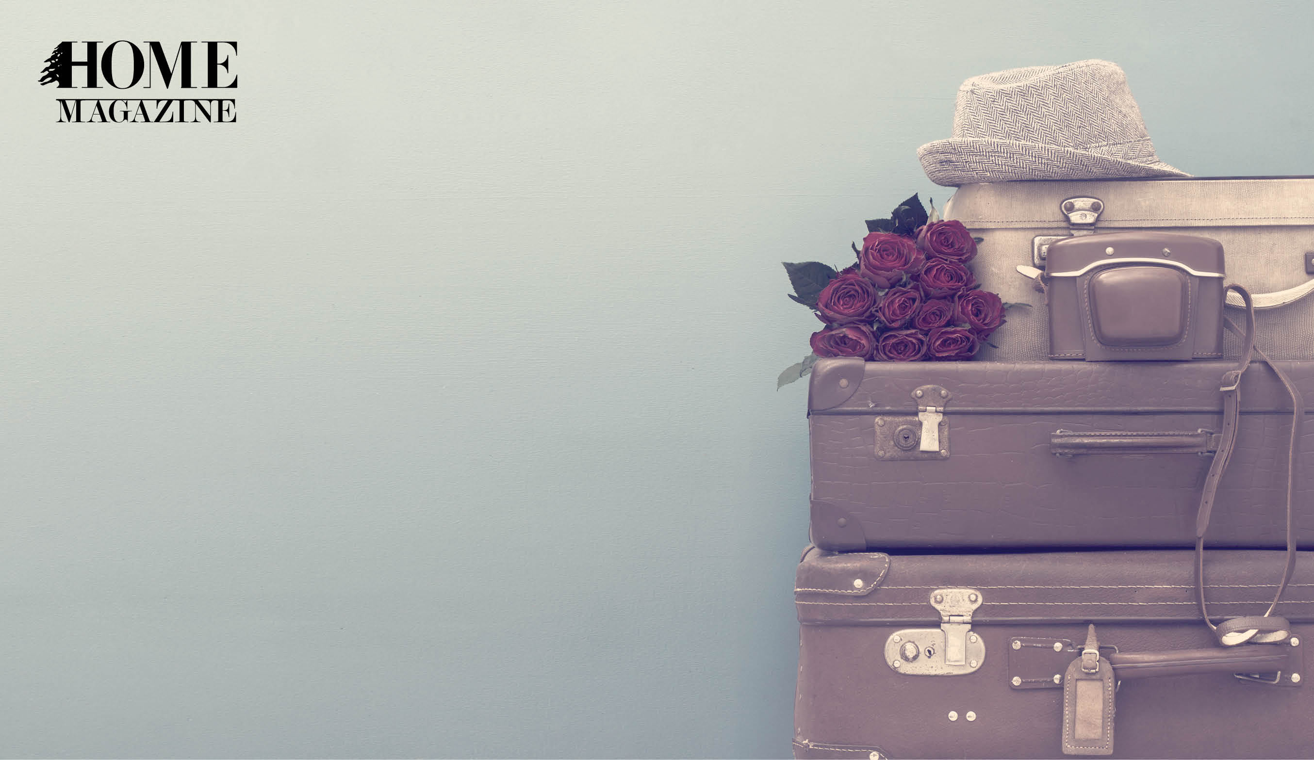 Luggage bags with a hat and red flowers