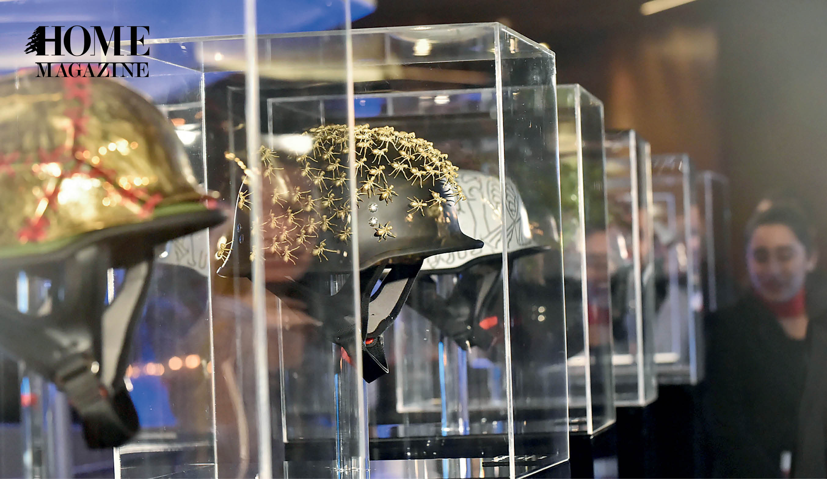 Head helmets in glass boxes