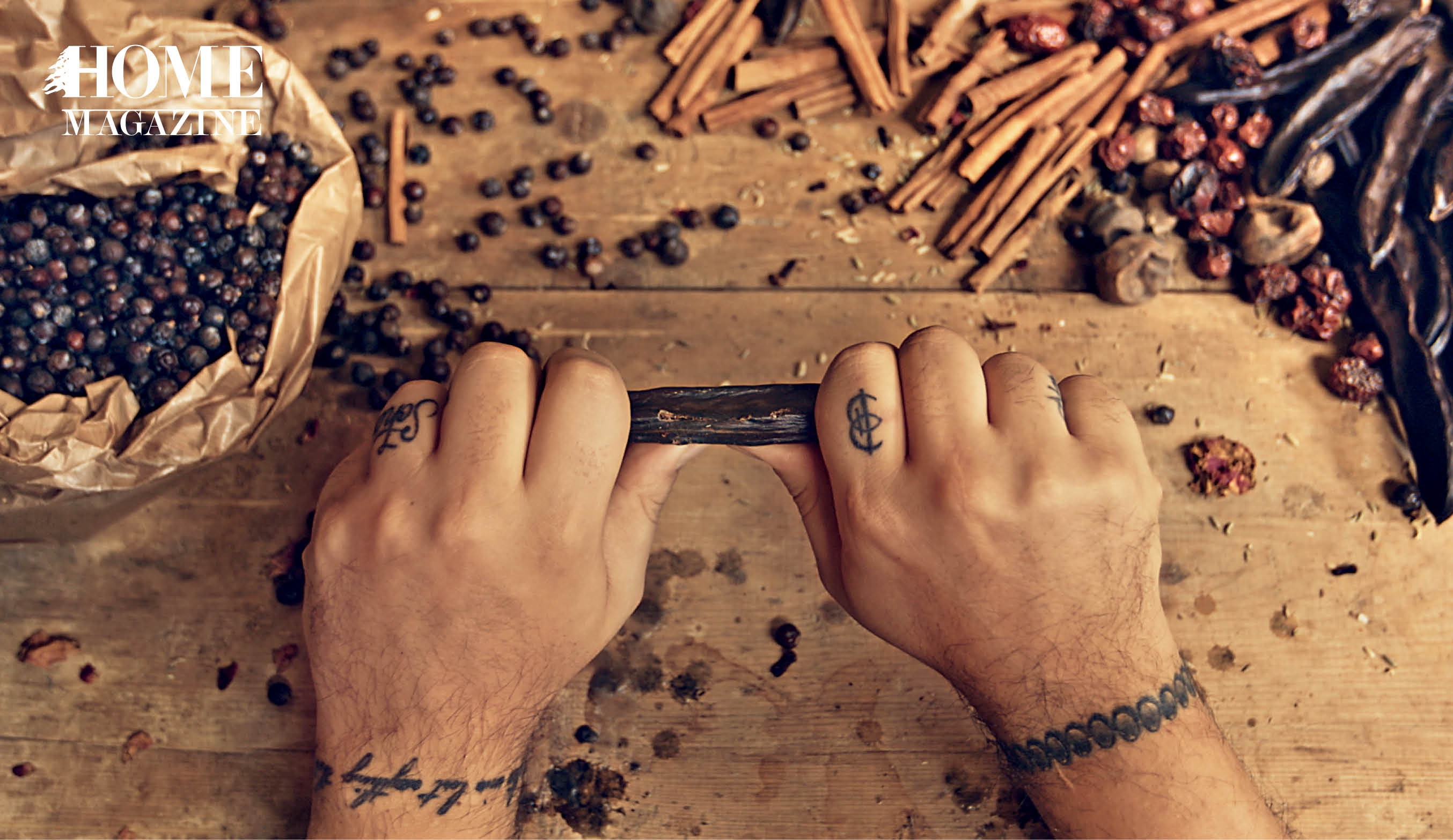 Hands with finger tattoos and seeds