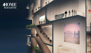 Architectural drawing of a building with stairs, balconies and people