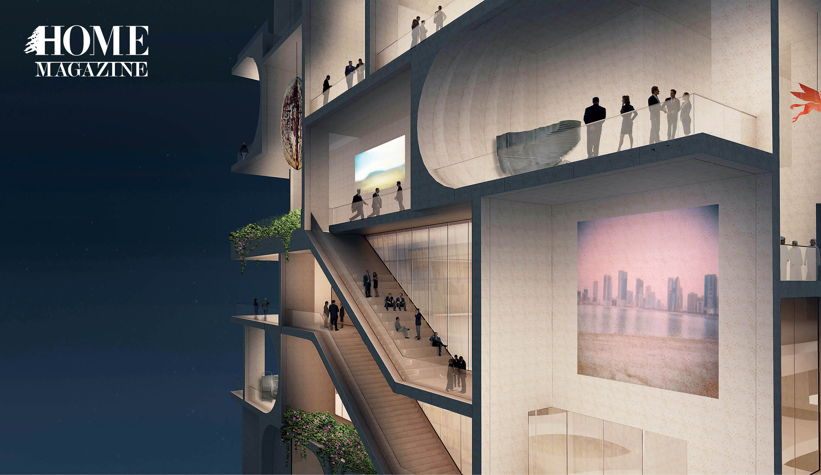 Architectural drawing of a building with stairs, balconies and people