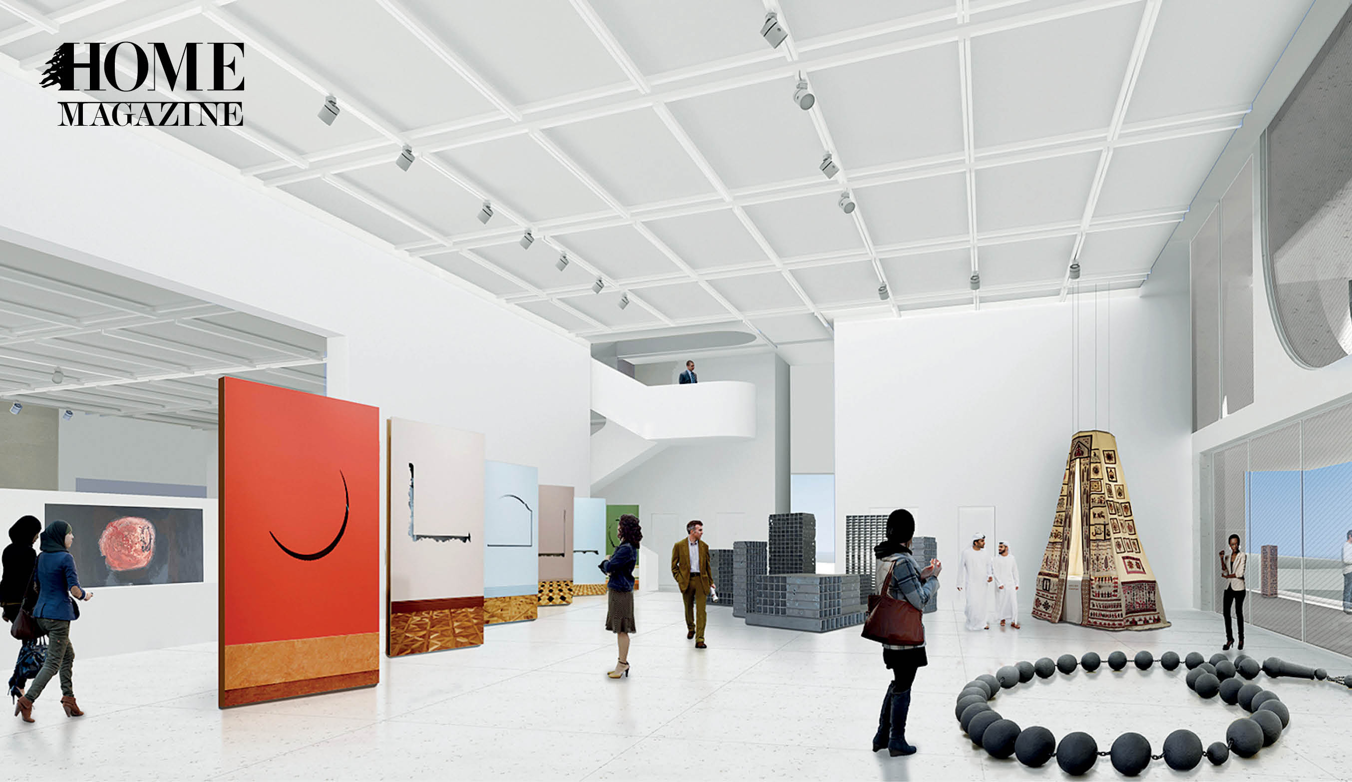 Interior white museum with people and drawings