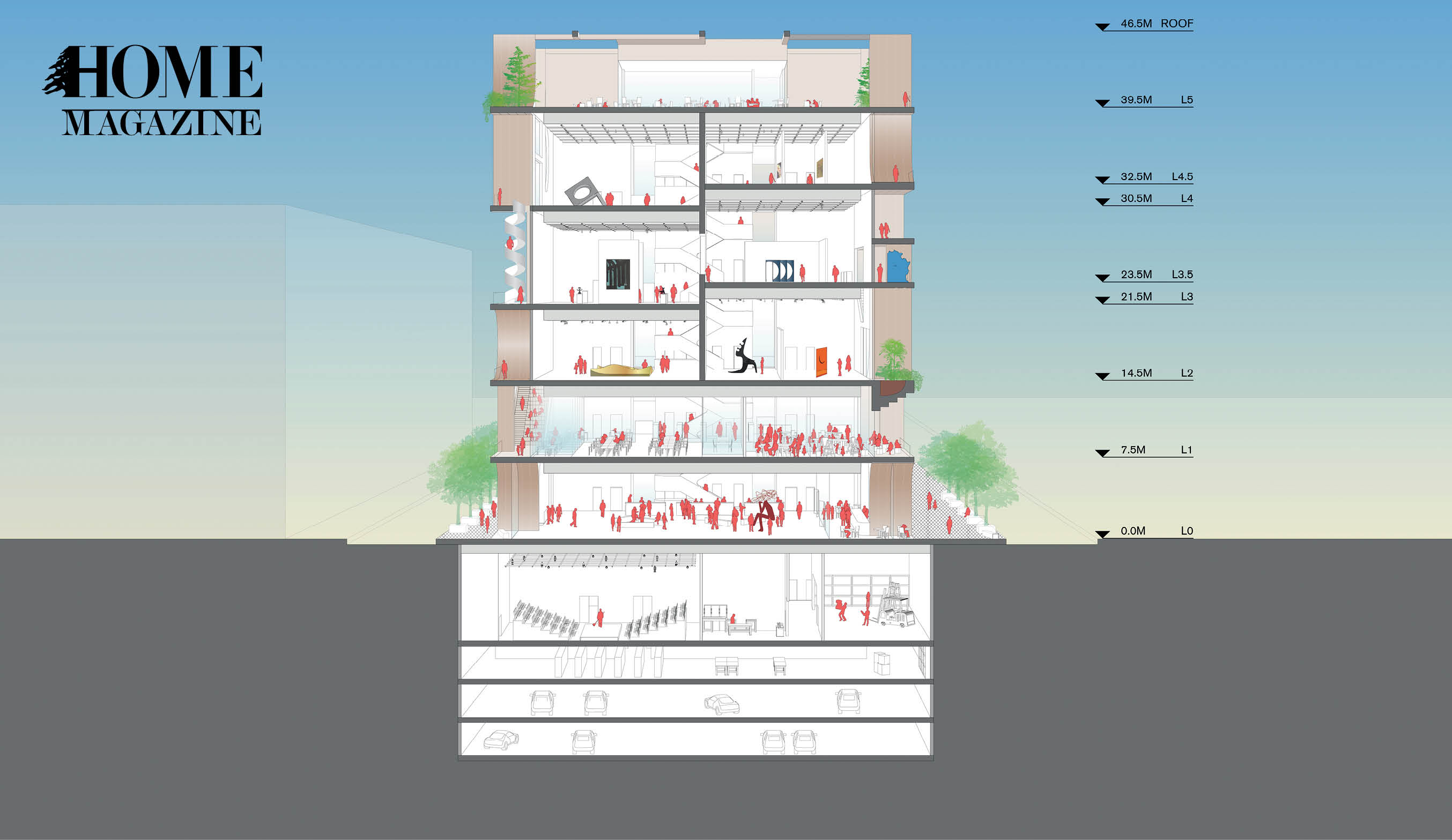 Drawing of a building with its interior floors