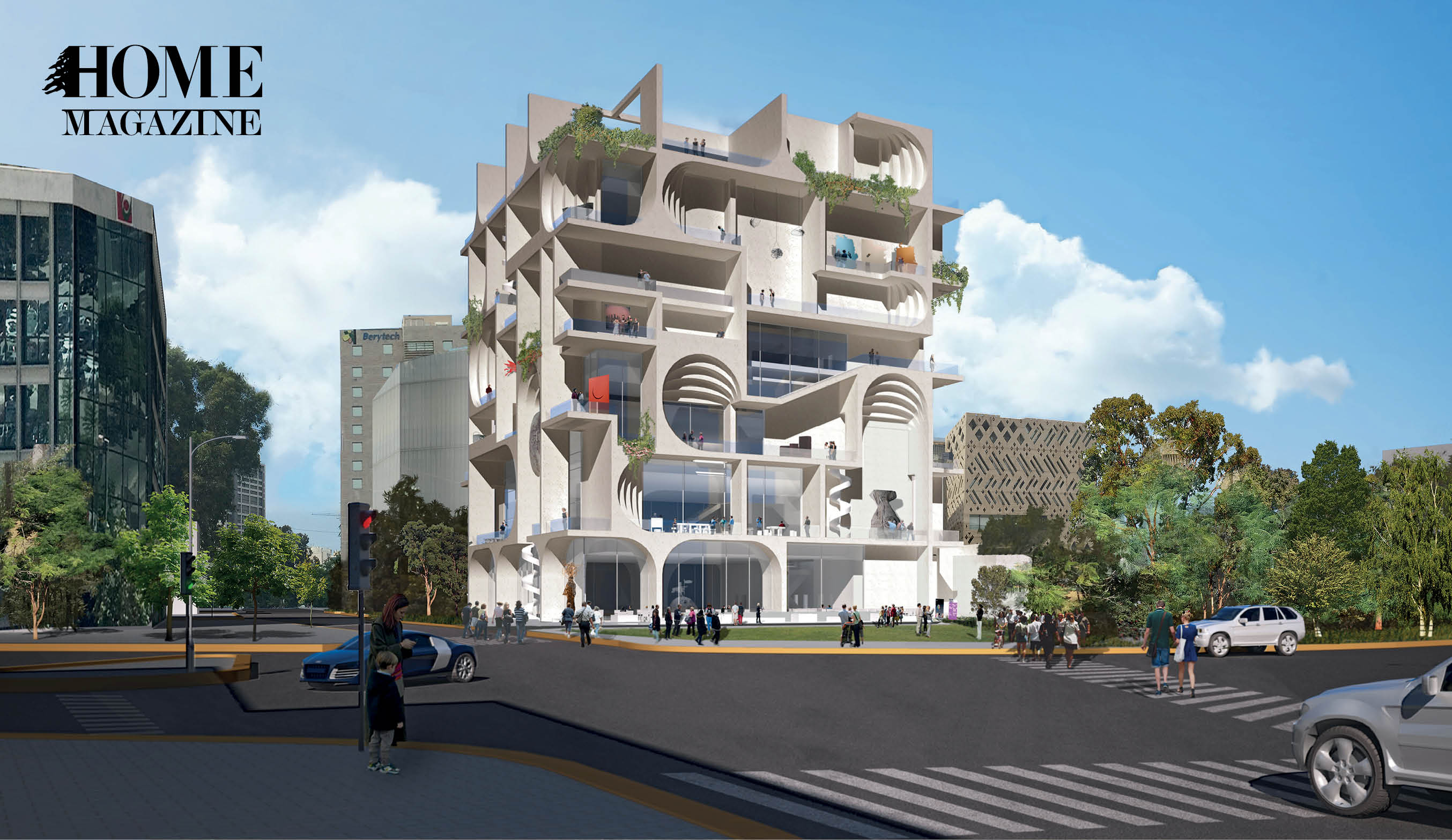 Grey buildings with road and trees