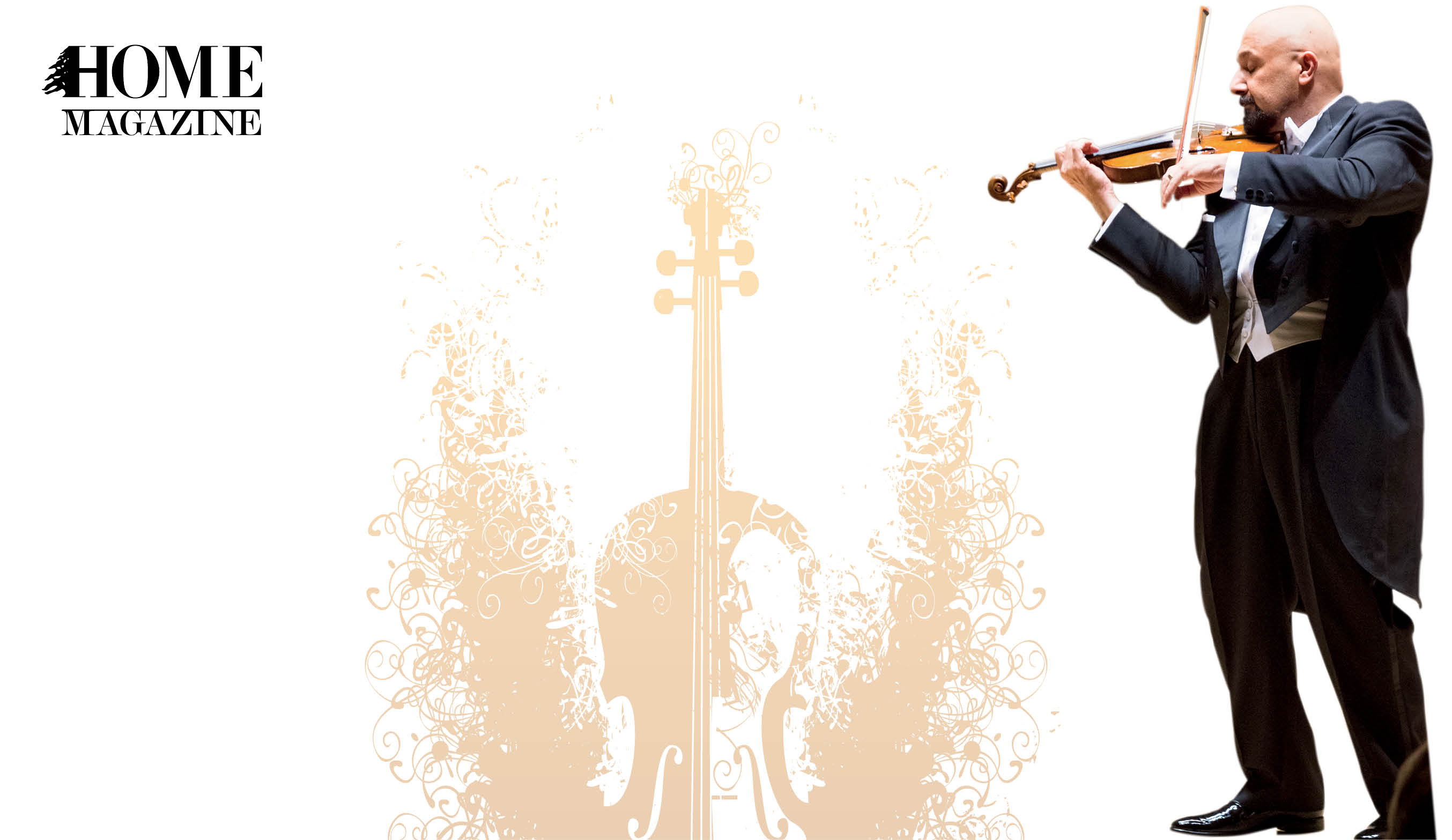 Man wearing black suit playing the violin on yellow-brown violin drawing backgroud