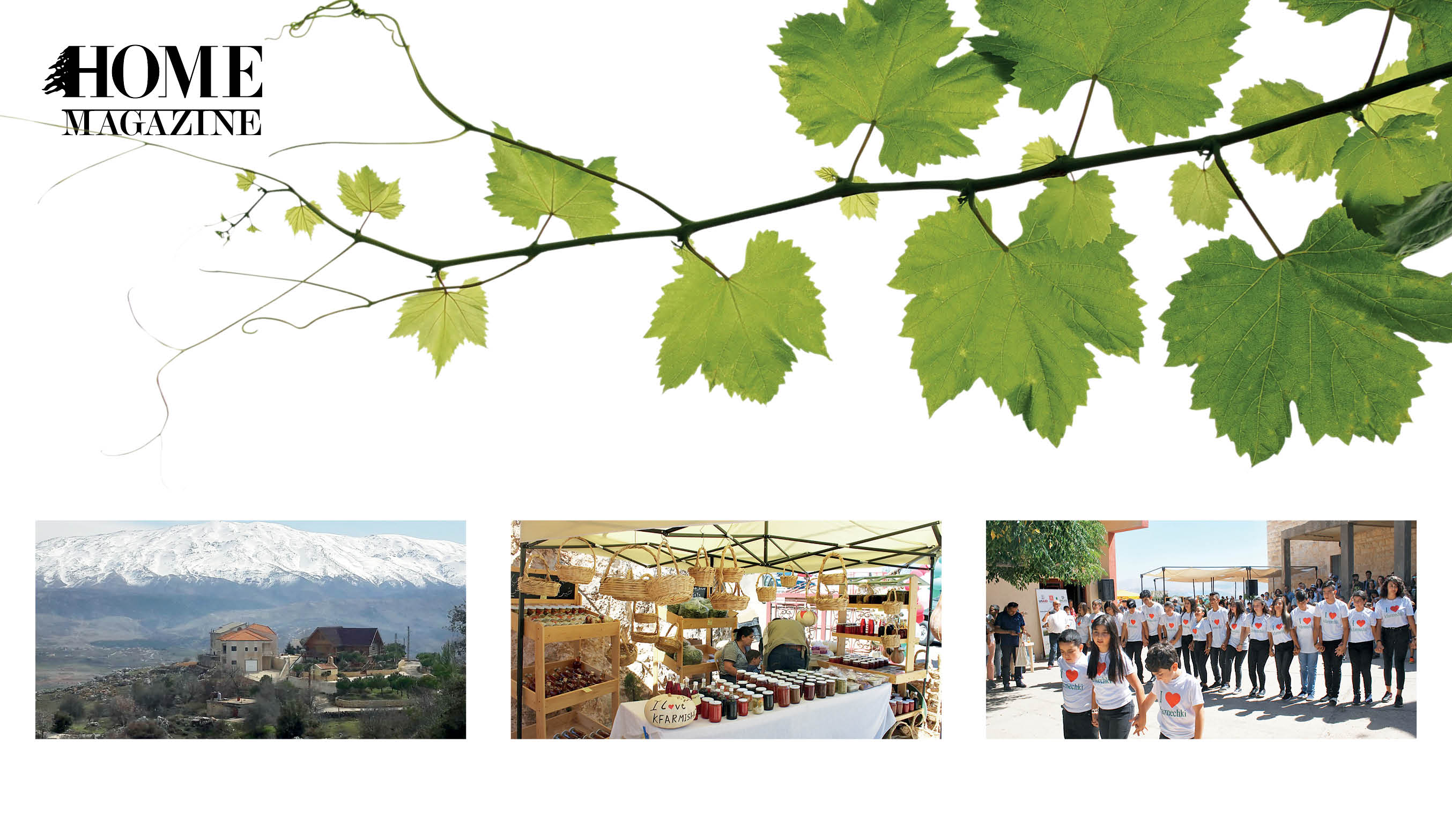 A picture of a village with snow, a picture of vegetable jars, and a picture of children in white t-shirts aligned with green leaves background on top