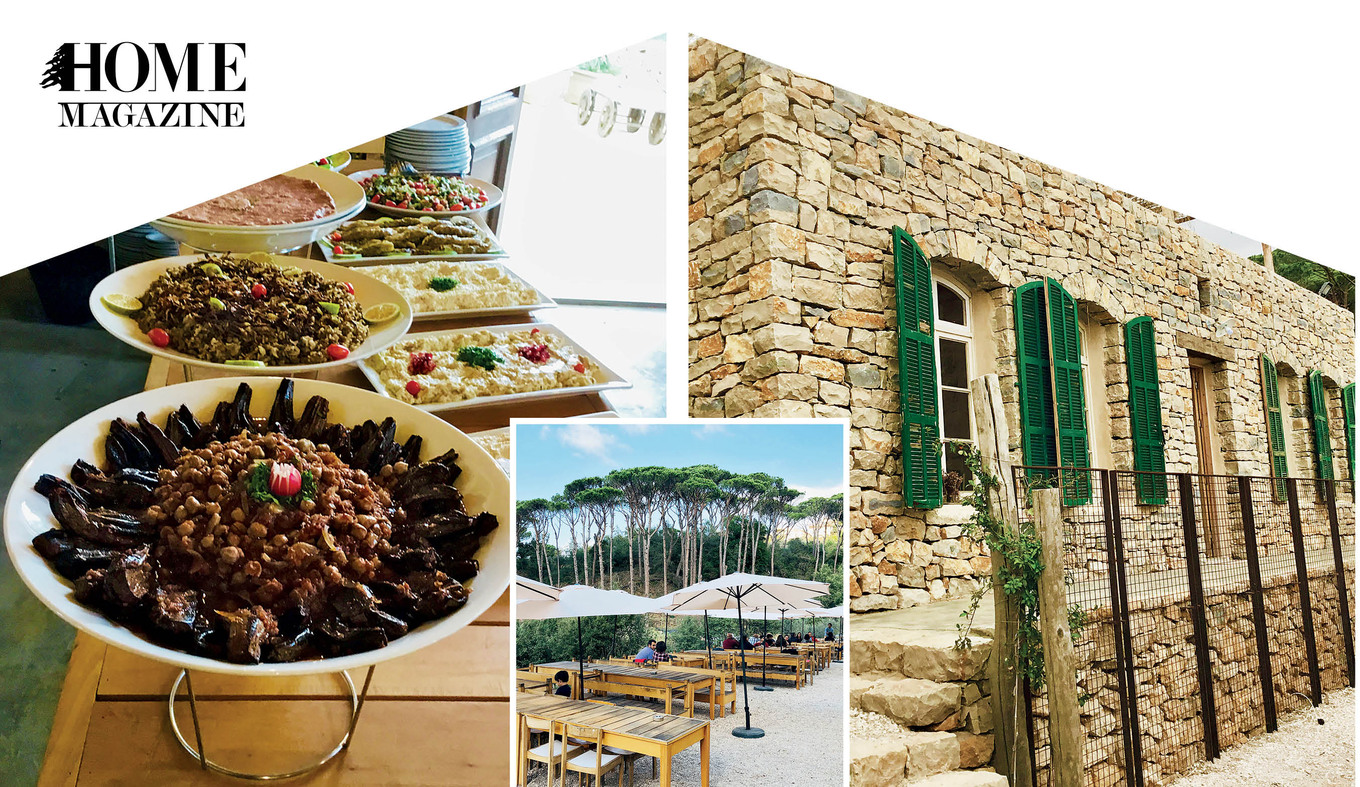 A picture of food platters, a picture of wood tables with green trees, and a picture of a house of rocks with green windows