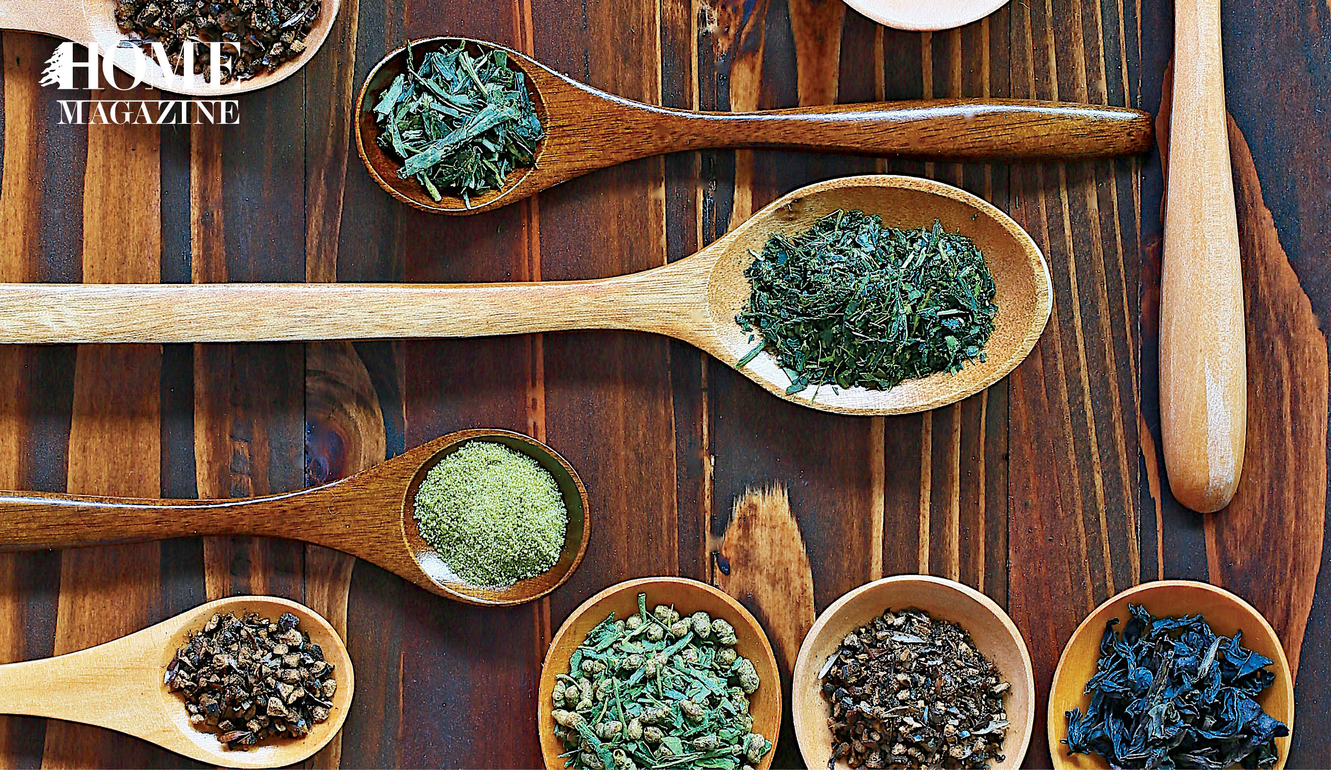 Green and black herbs in wood spoons