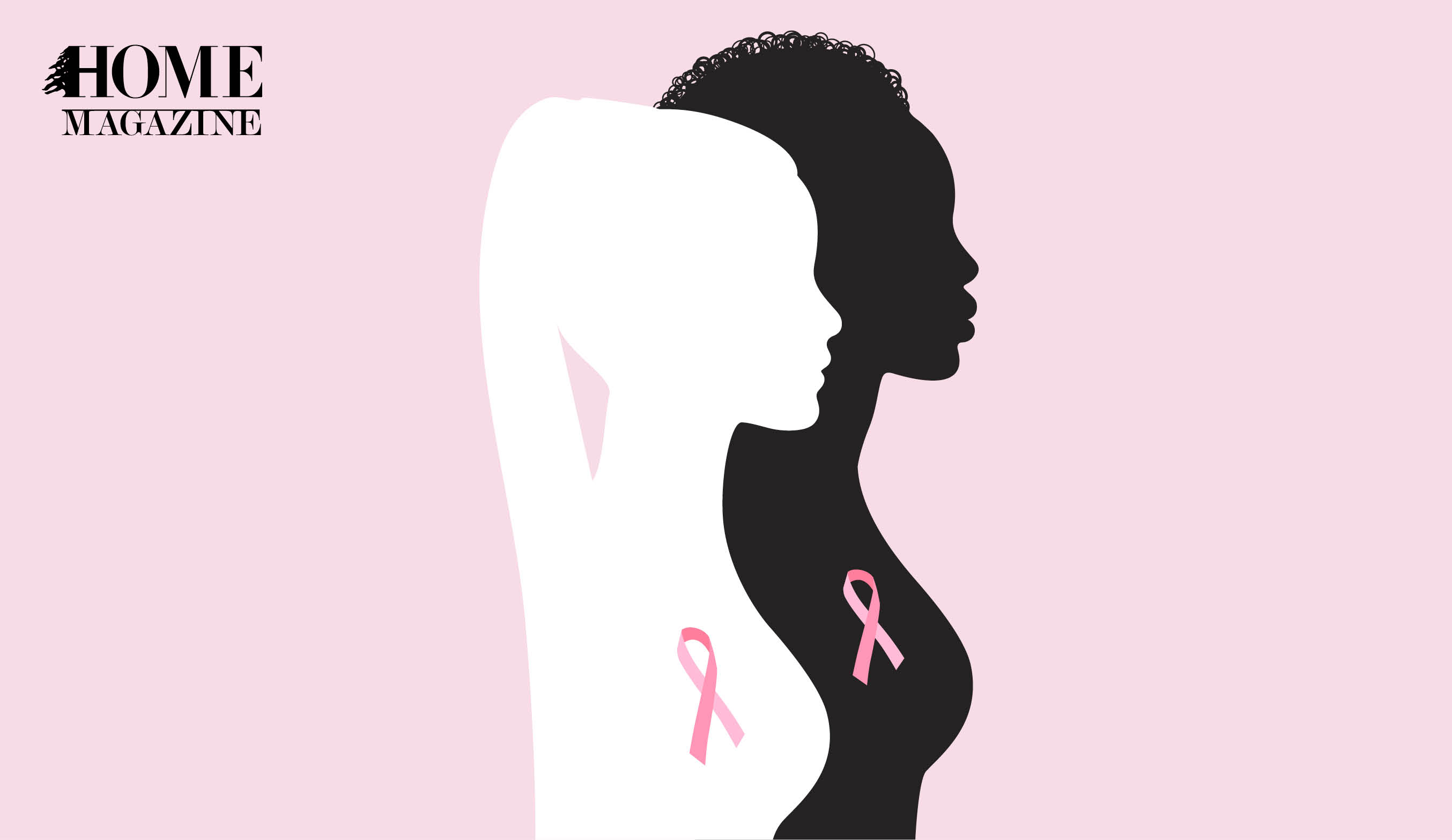 Drawing of a woman in white and a woman in black with pink ribbons