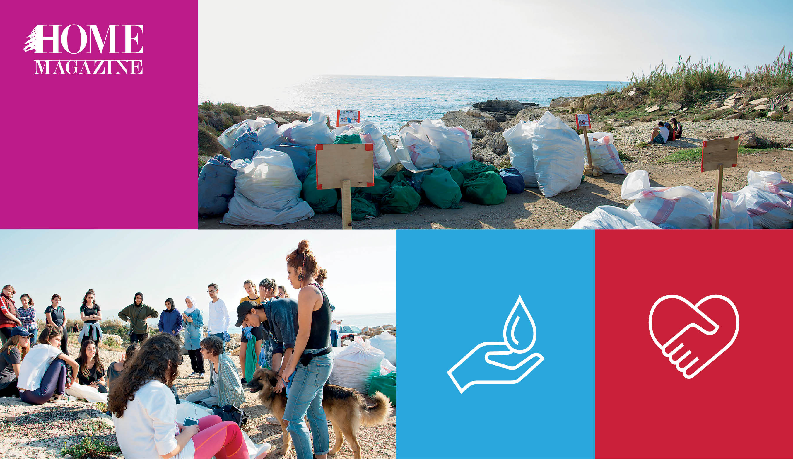 Colored squares with picture of a crowd and a picture of trash bags in nature