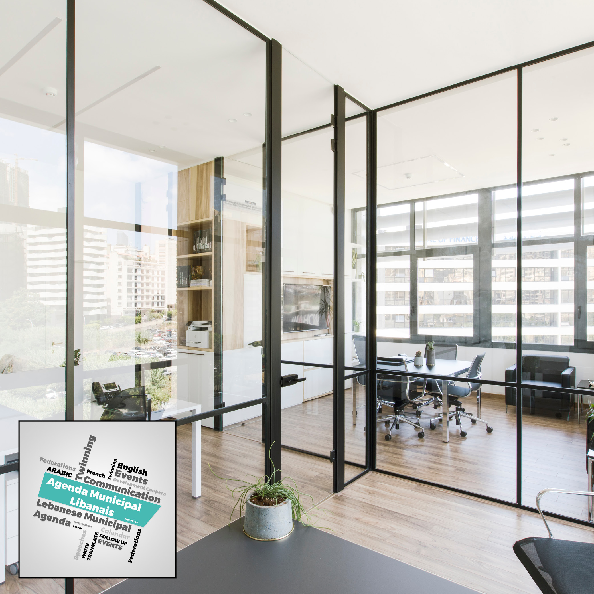 Office with tables and chairs and glass curtains