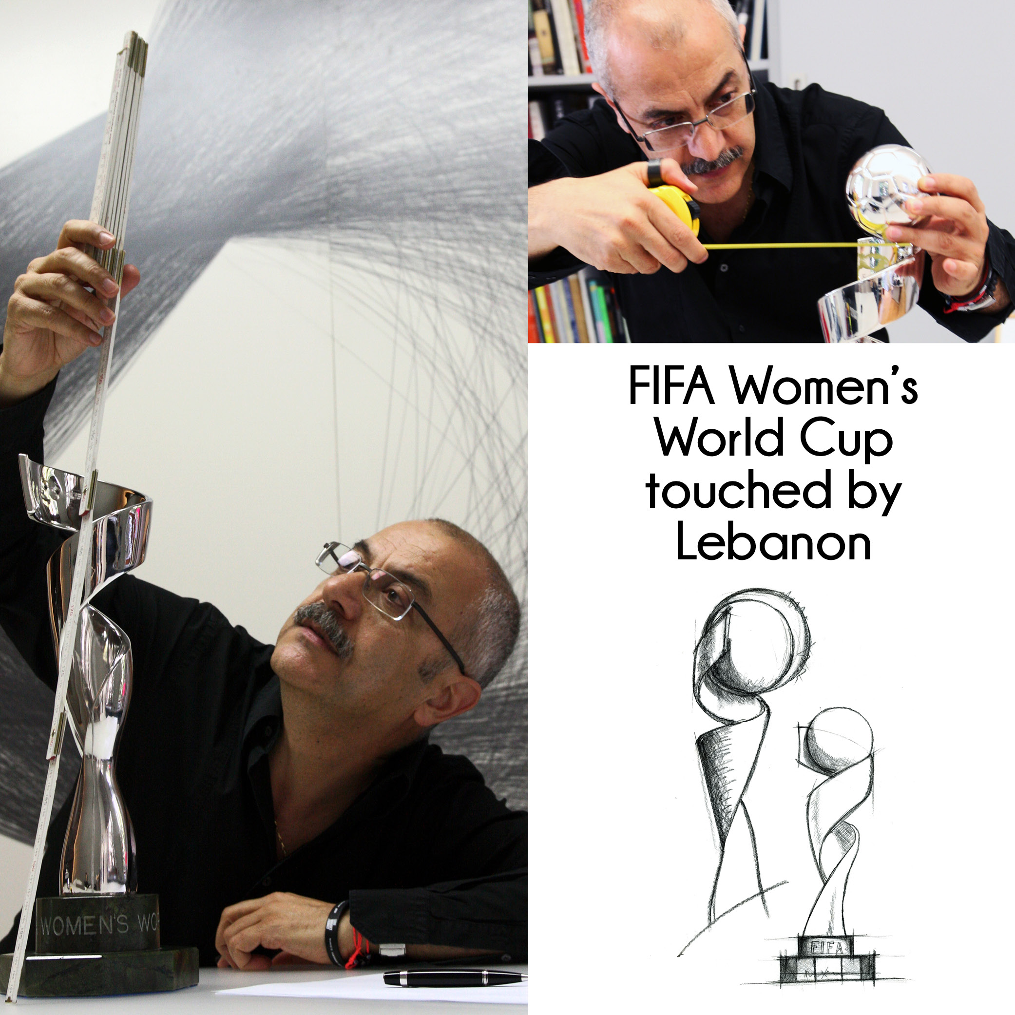 a man wearing black with eye glasses looking at the trophy with a measuring tape in his hand