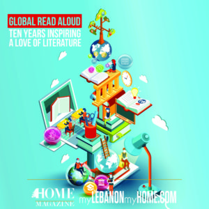 a colorful picture with a PC, books a clock a lamp all over each other