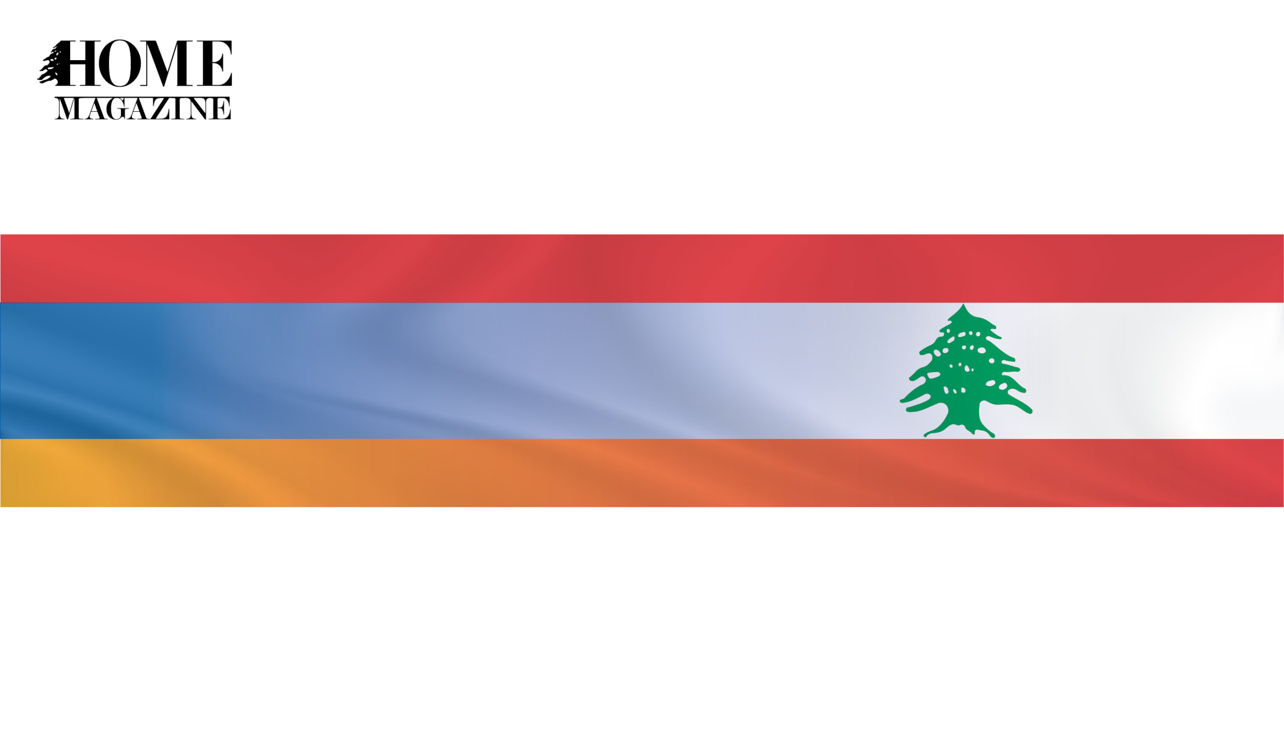 Merged Lebanese flag of red, white and green cedar with Armenian flag of red, blue and orange