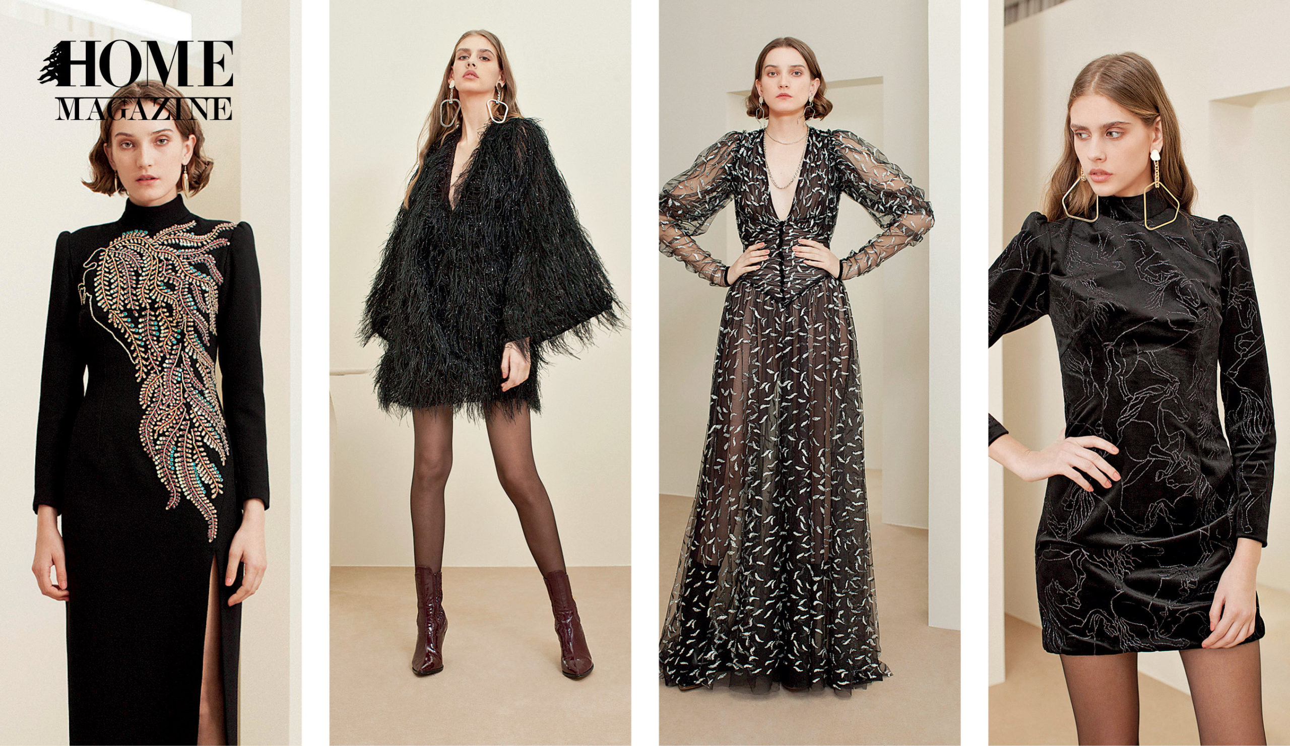 Four pictures of models in black dresses