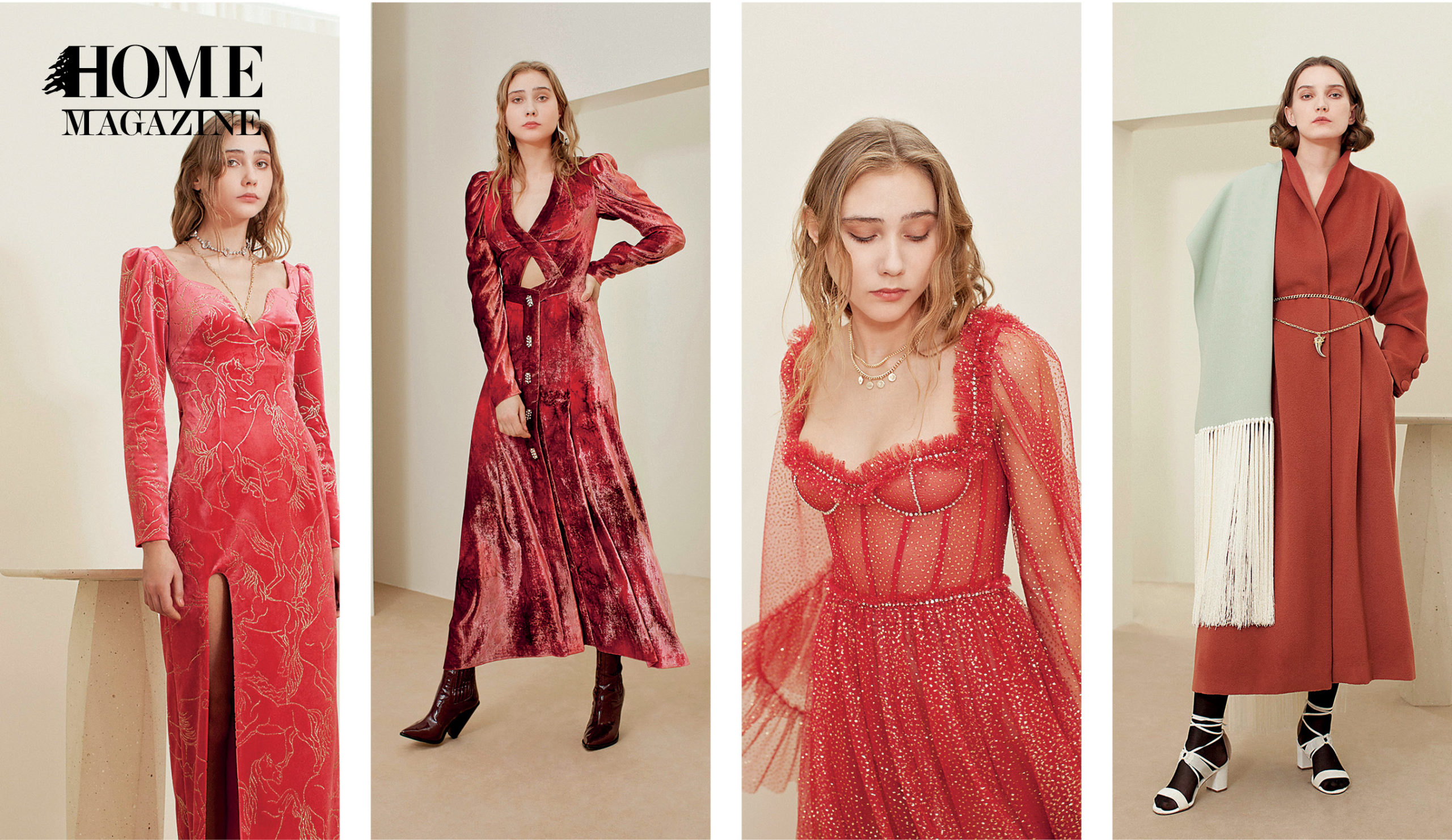 Four pictures of models in red dresses