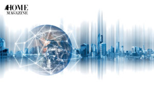 Illustration of the earth on a background picture of buildings in blue color