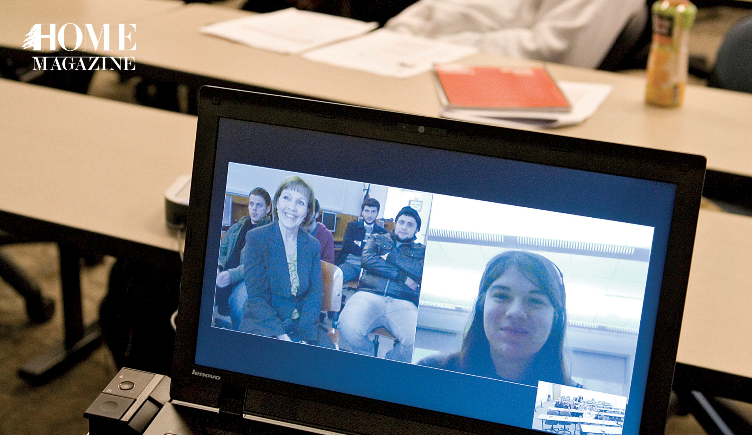 Screen with a divided picture of a group of people and a girl on a call