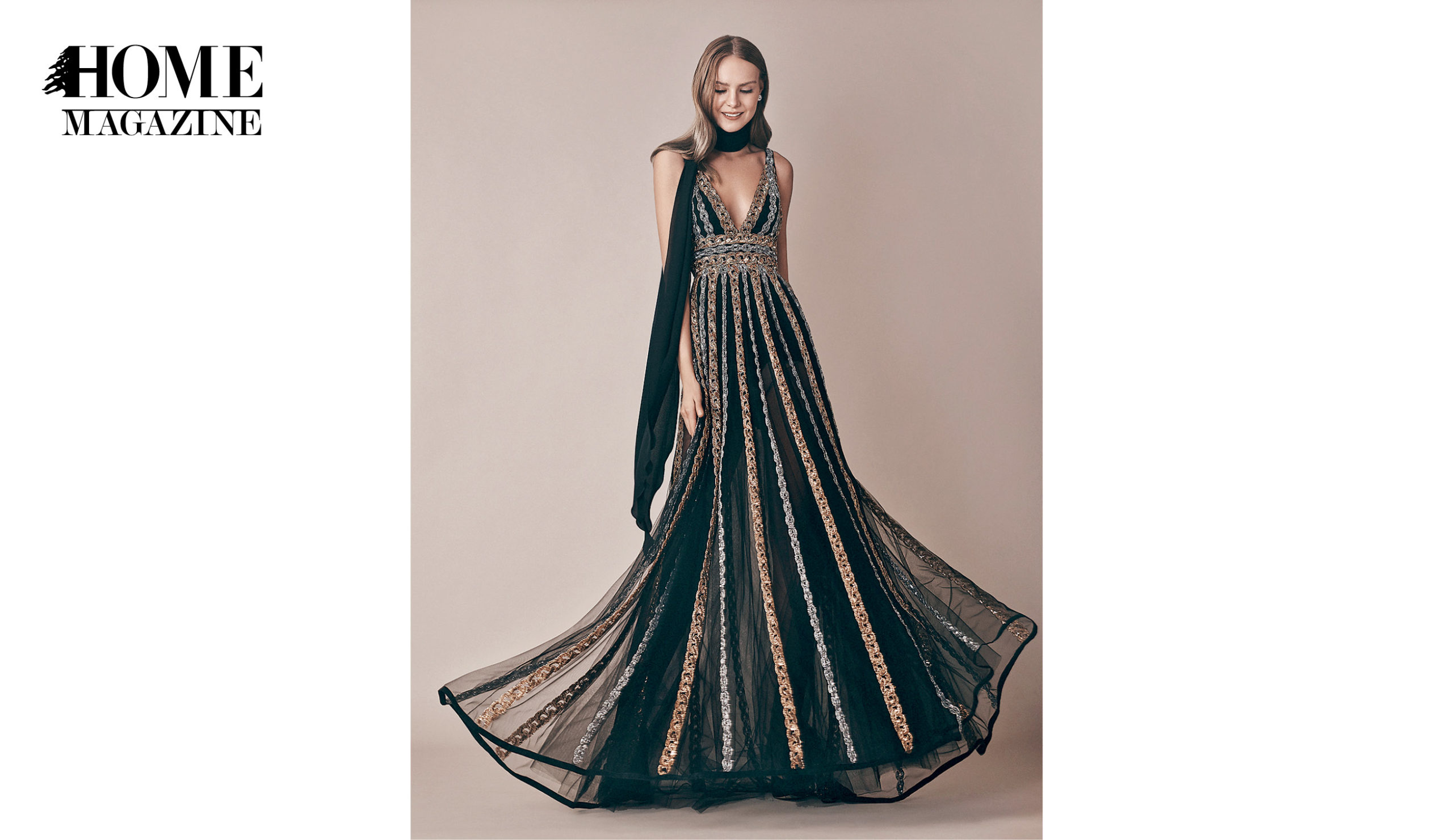 Model wearing black striped dress