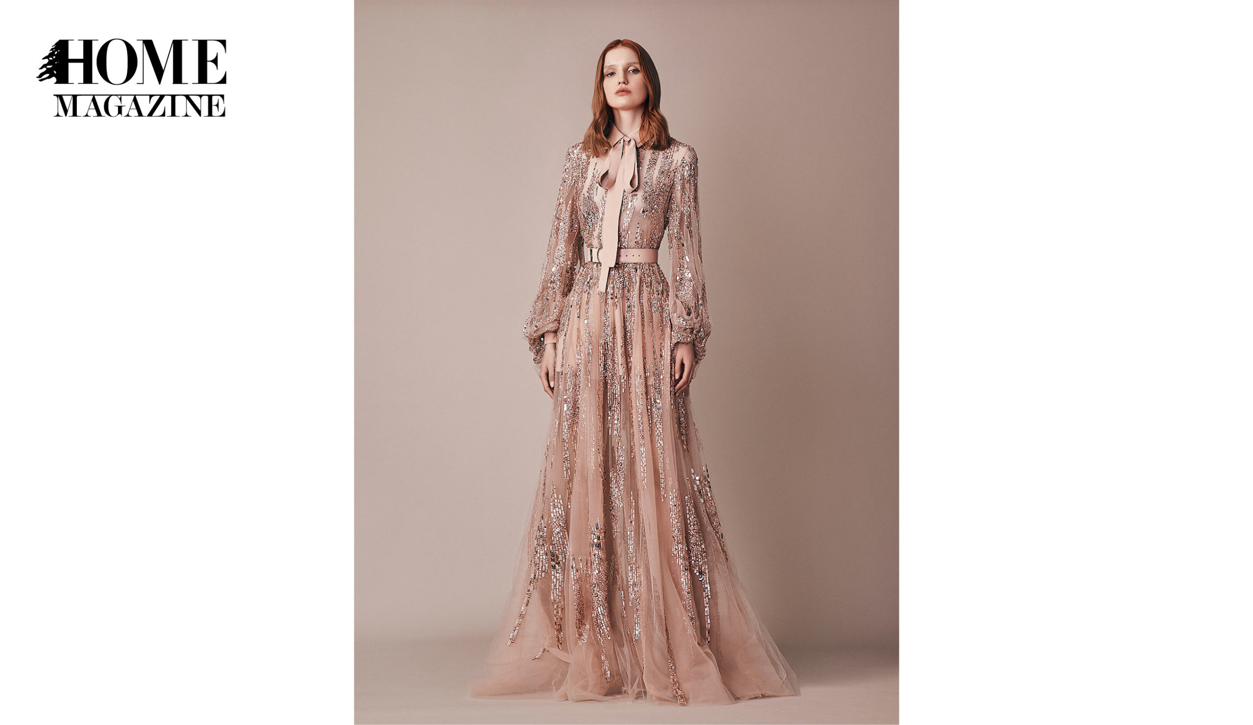 Model wearing bronze dress with stones