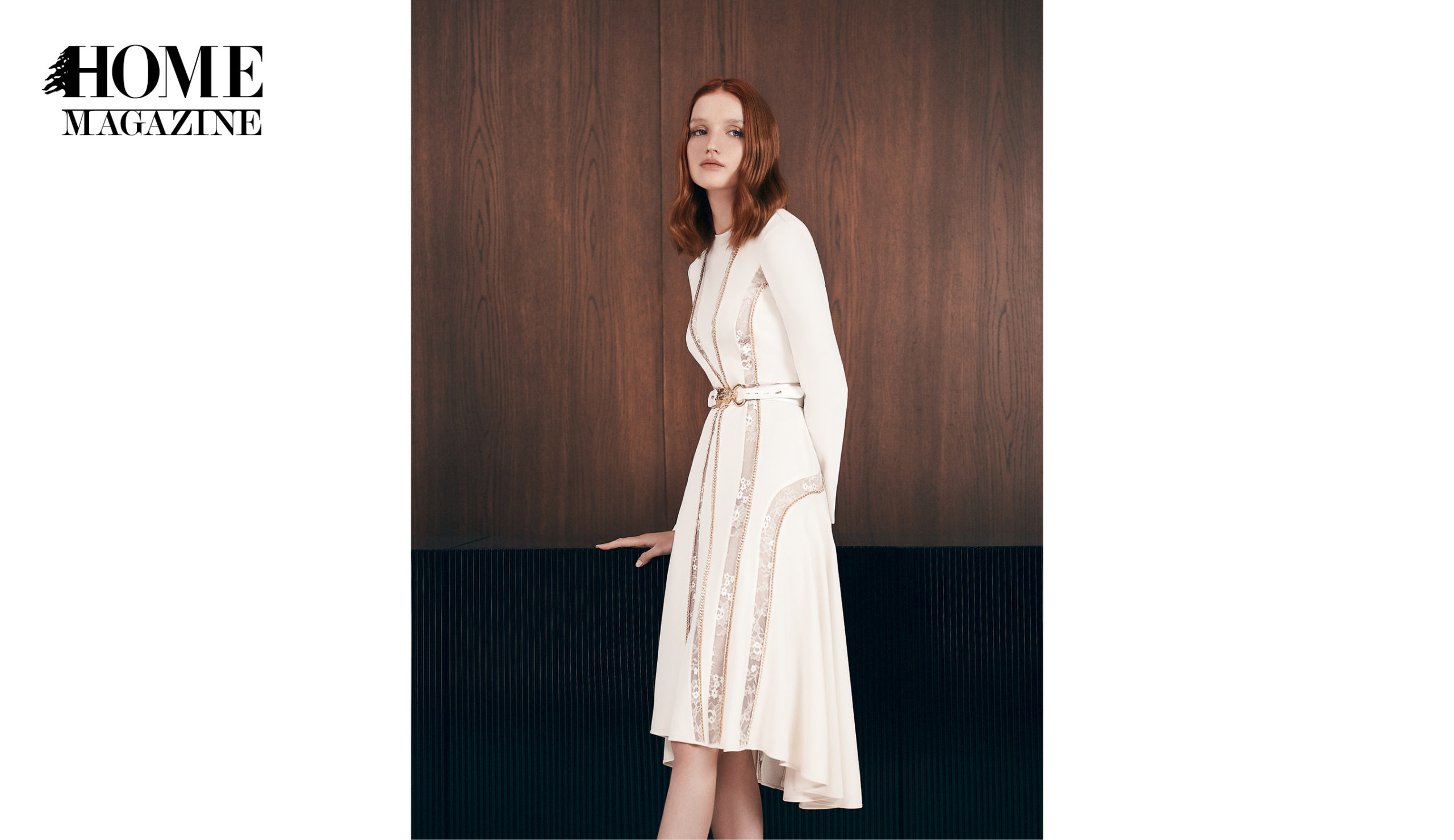 Model wearing white dress