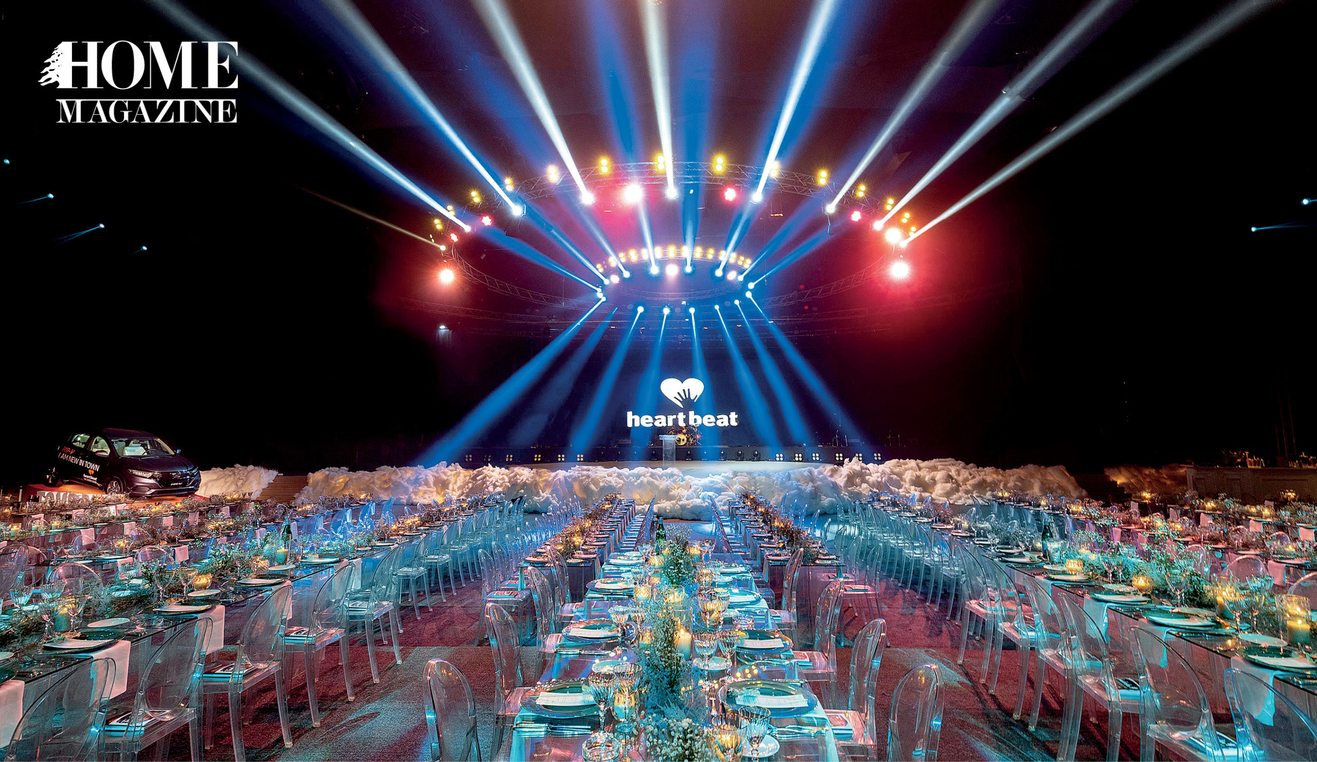 Glass table and chair setup with stage and lightings