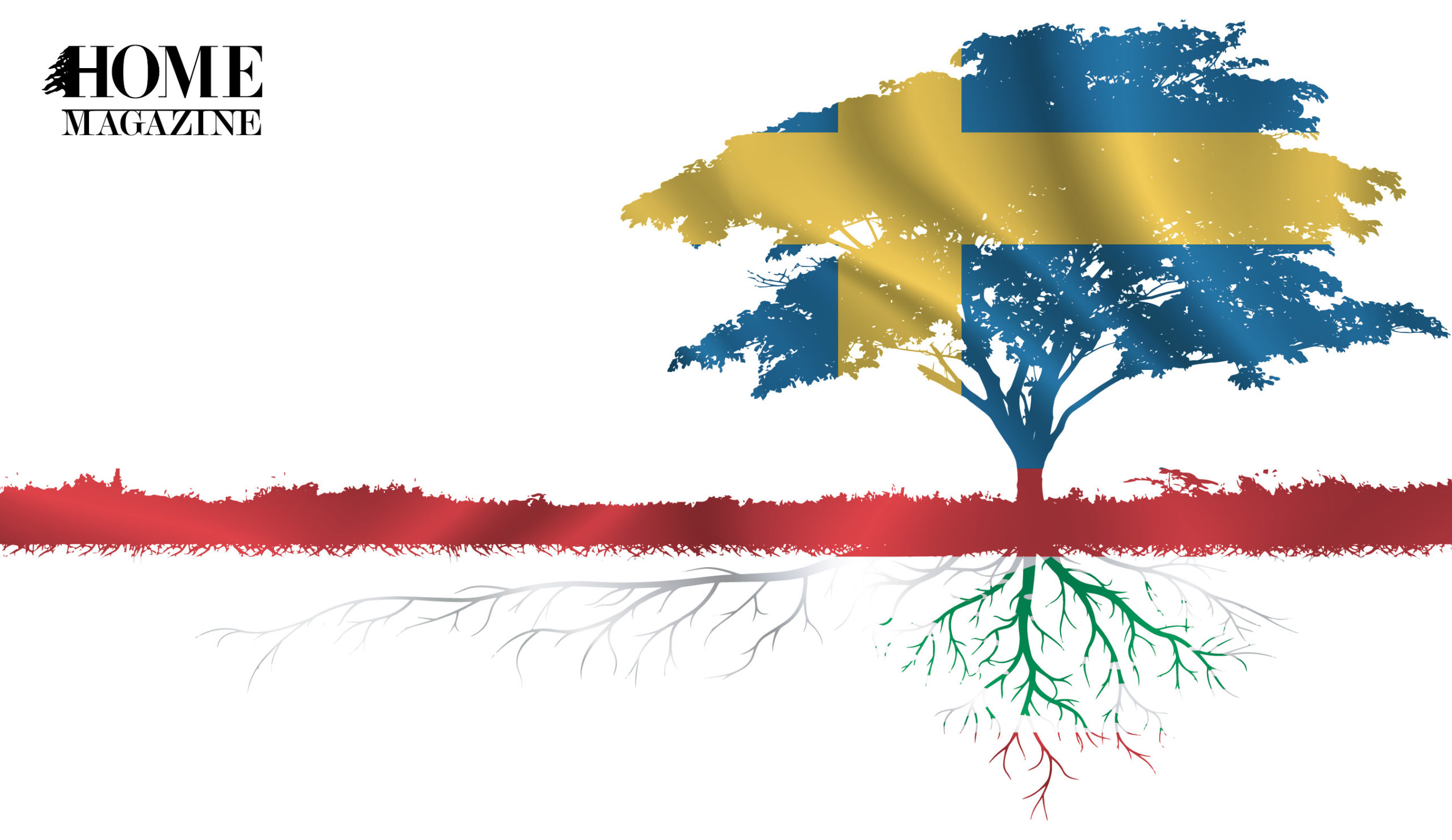 Illustration of a tree and its roots in red, blue, green and yellow colors