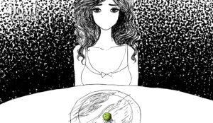 Illustration of a woman sitting on a table with a plate that contains a green circled object