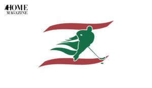 Green illustration of man playing with stick hockey between two red lines