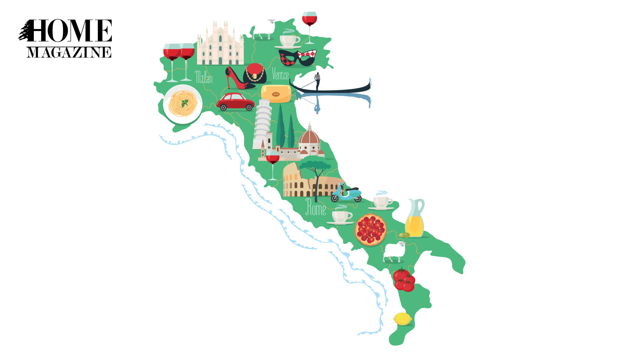 A green map with colored objects like wine glasses, a car, juice, tomato, pizza, pasta, temples and clothing