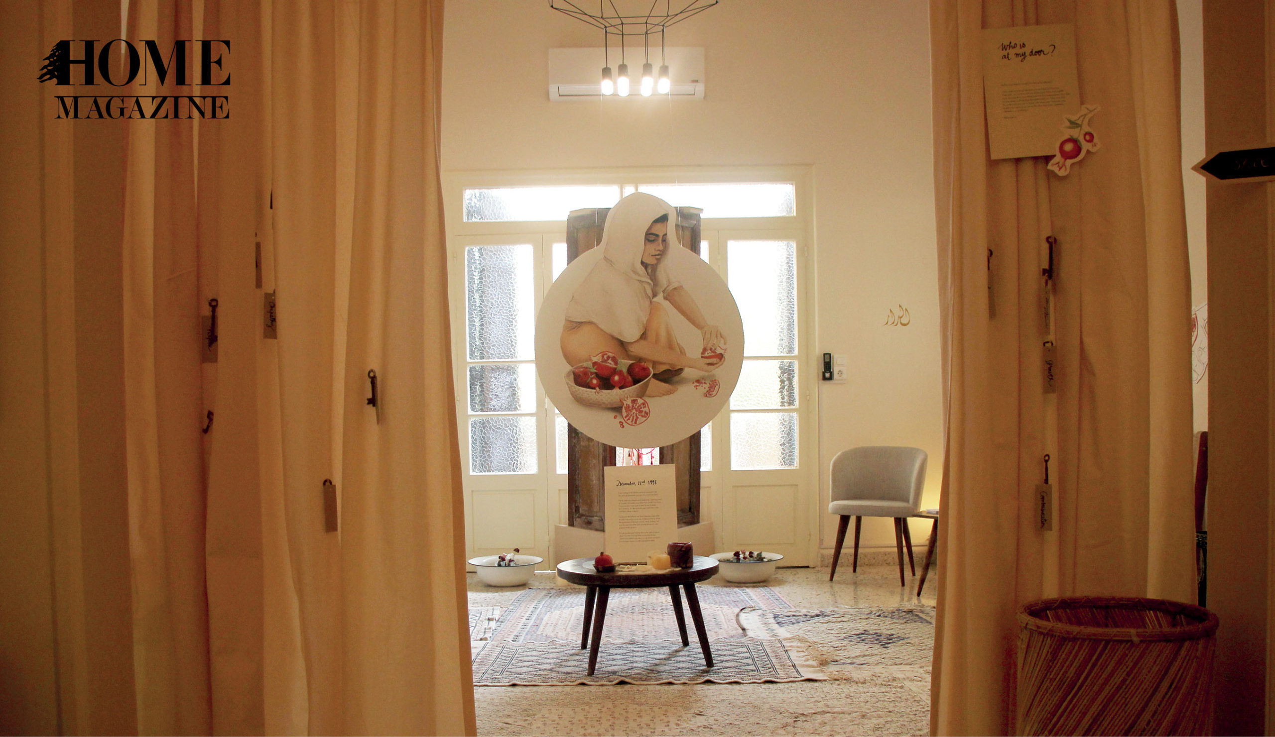 Interior space with white curtains and white glass windows with a rounded painting of a woman in the middle space