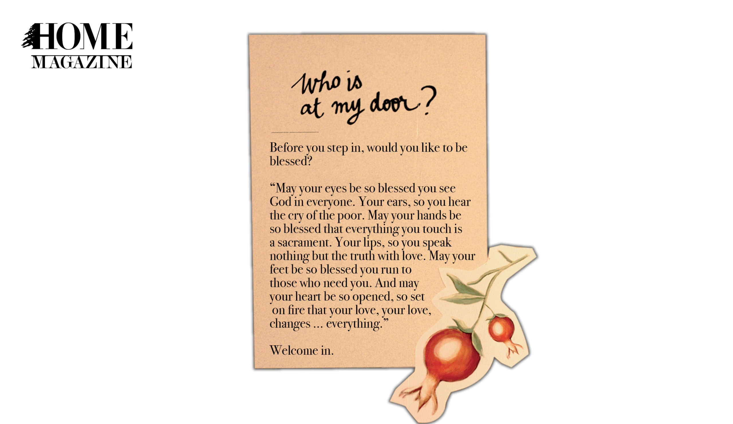 Text in a rectangular box and a red fruit drawing at bottom right