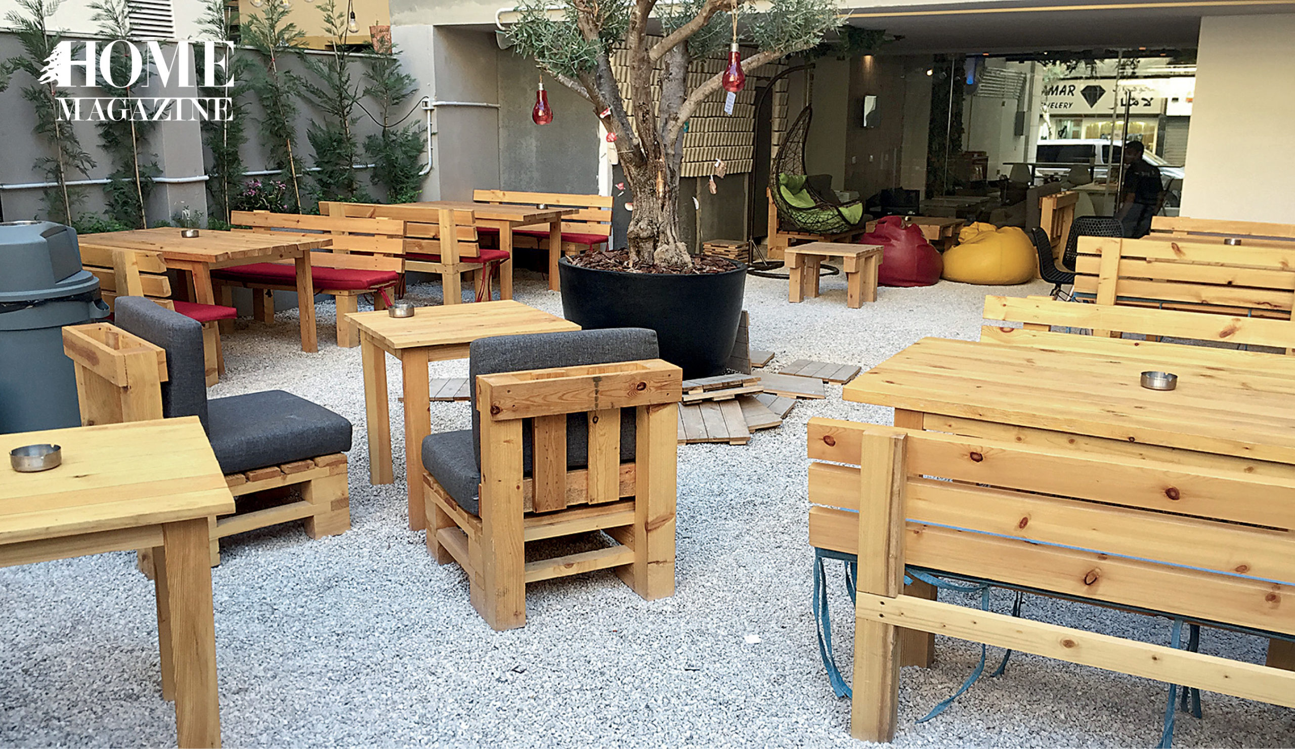 Outdoor setting of wood tables and chairs
