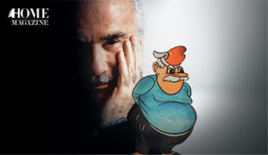 Man's face with hand on face and caricature of old man